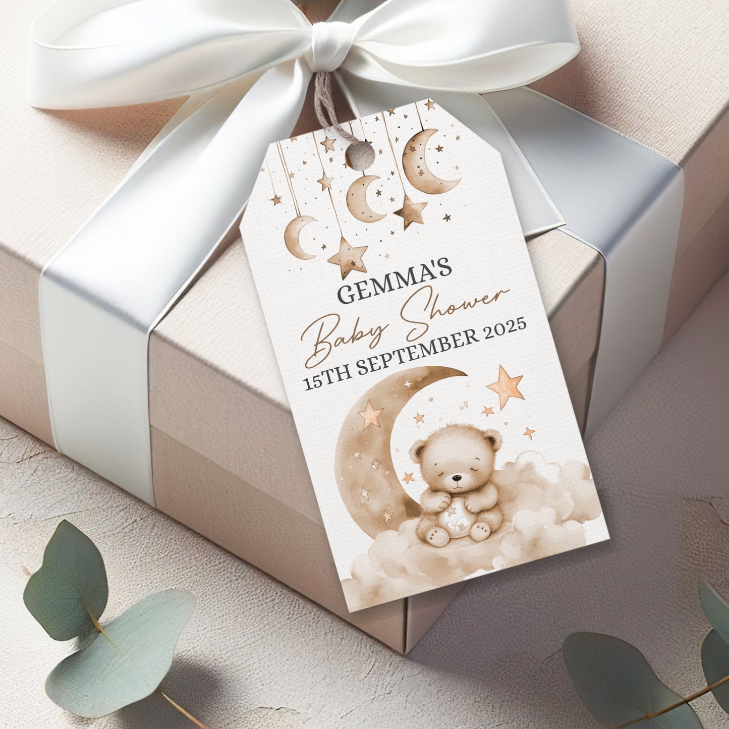 PERSONALISED PK10 NEUTRAL TEDDY BABY SHOWER TAGS T040