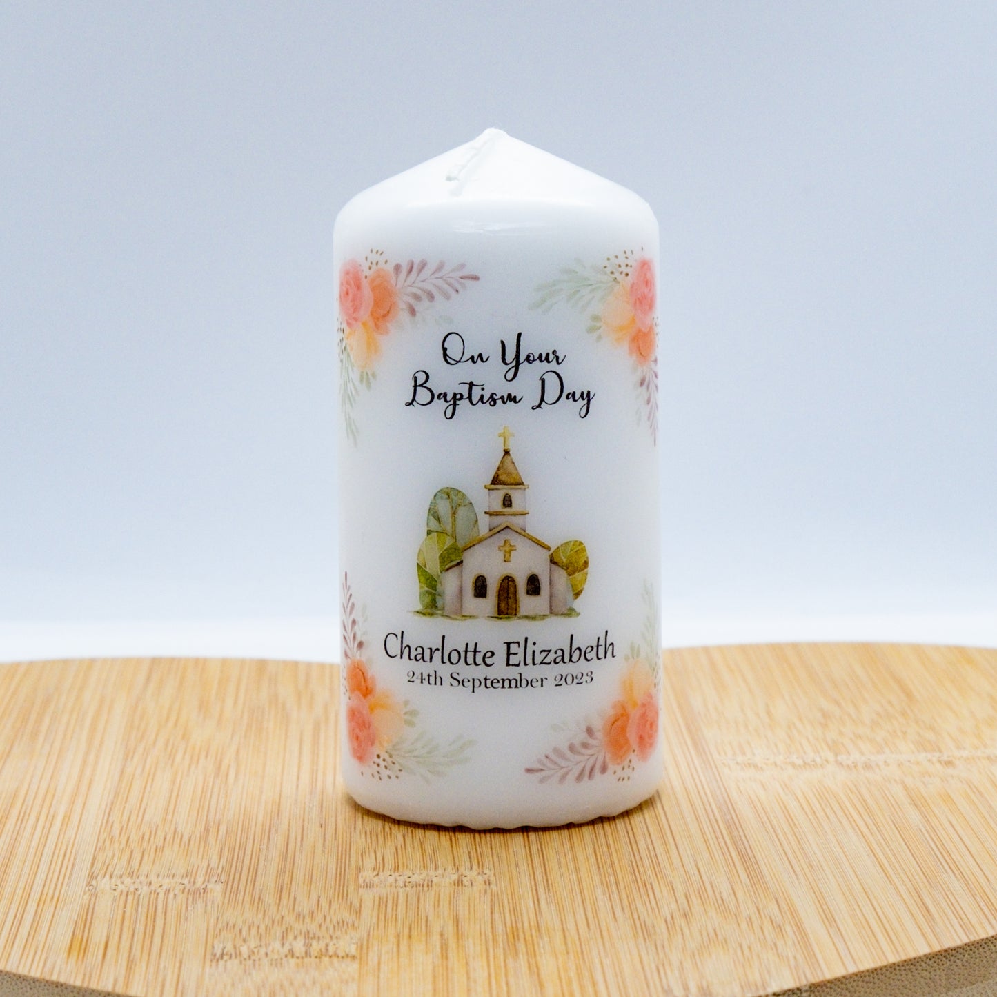 PERSONALISED FLORAL CHURCH CHRISTENING CANDLE P012
