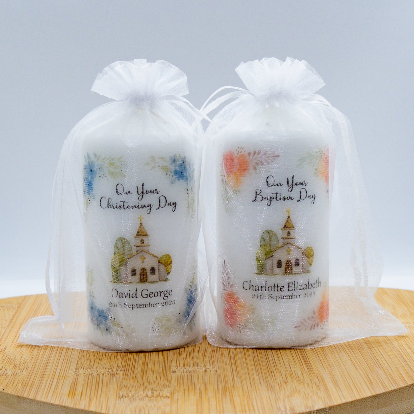 PERSONALISED FLORAL CHURCH CHRISTENING CANDLE P012