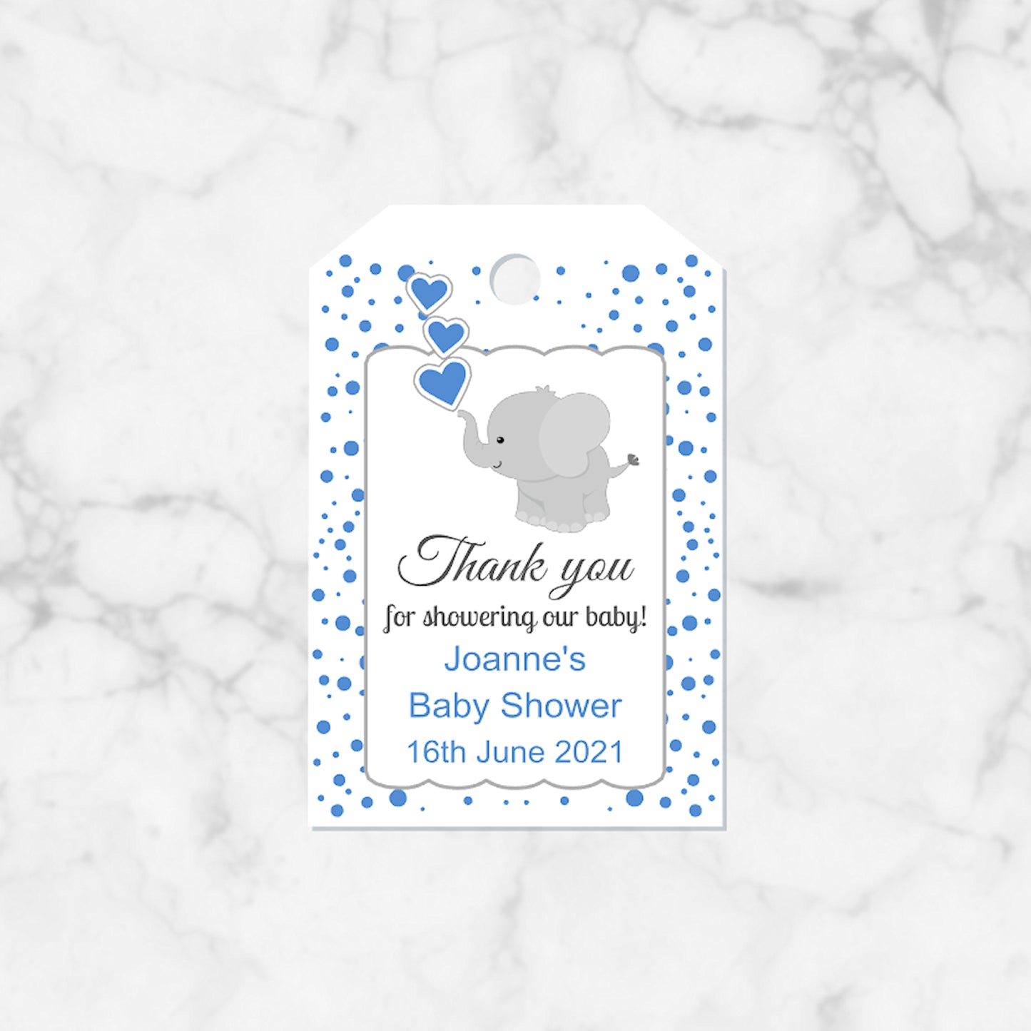 PERSONALISED PK15 ELEPHANT BABY SHOWER POLKADOT TAGS T010