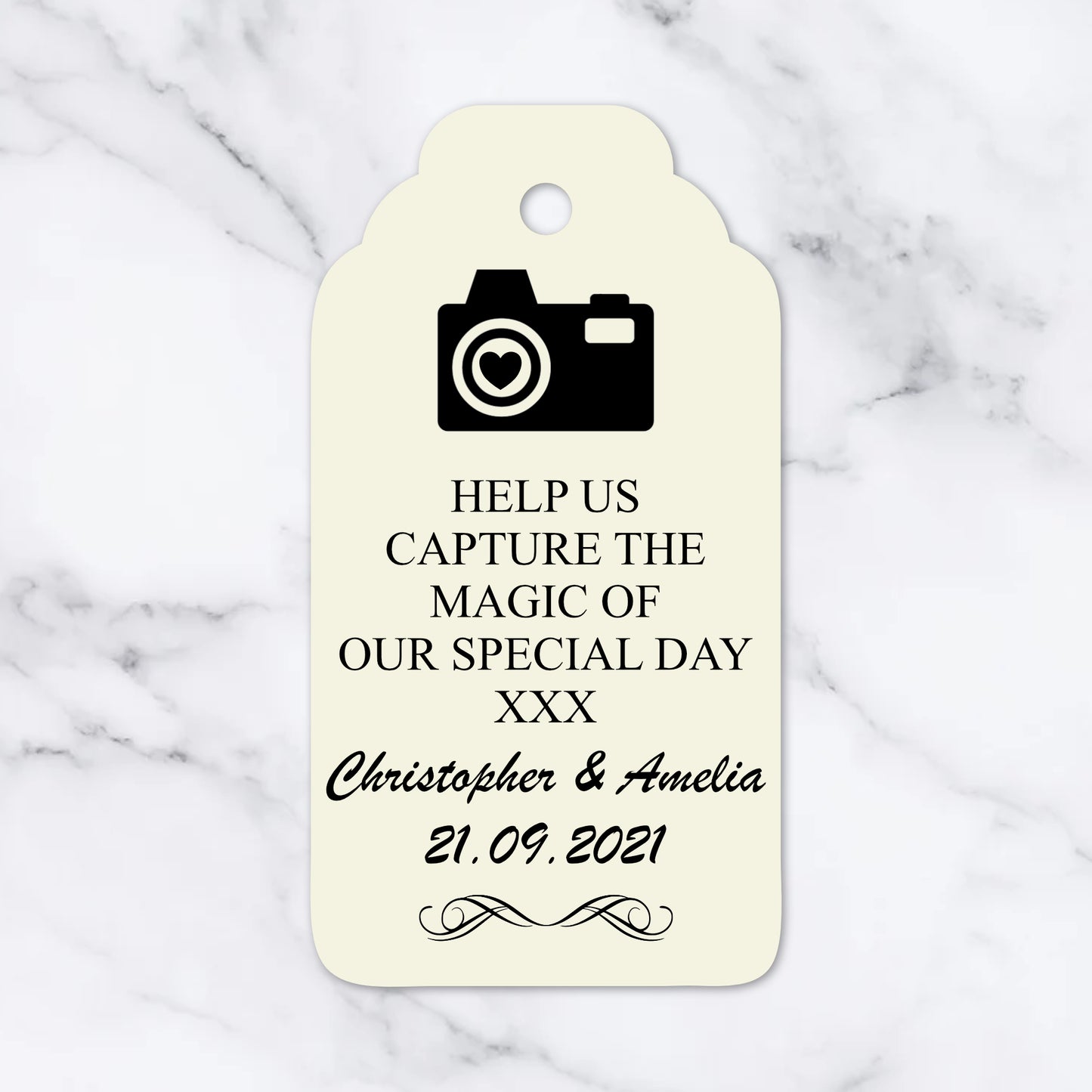 PERSONALISED DISPOSABLE CAMERA WEDDING TAGS PK 10 T038