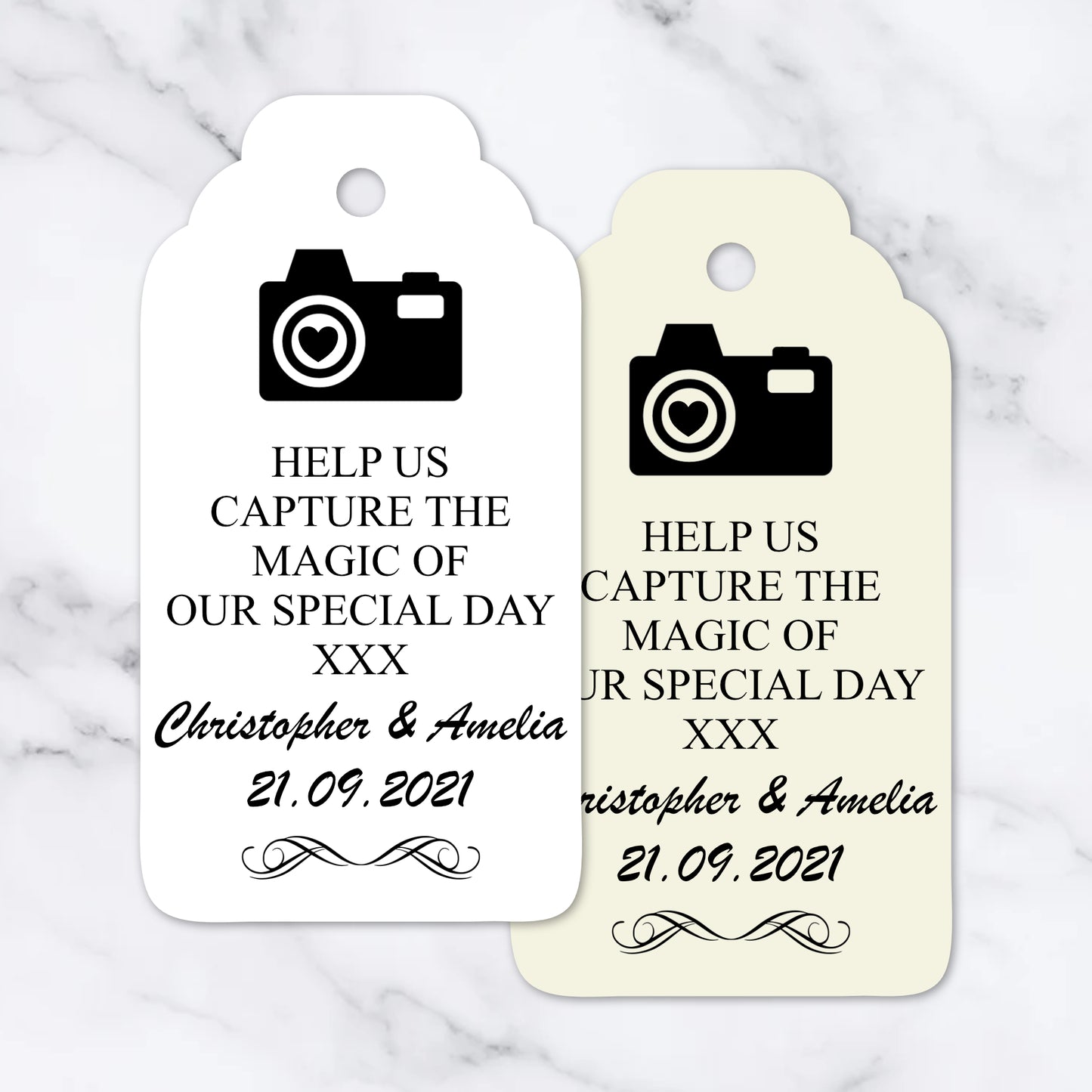 PERSONALISED DISPOSABLE CAMERA WEDDING TAGS PK 10 T038