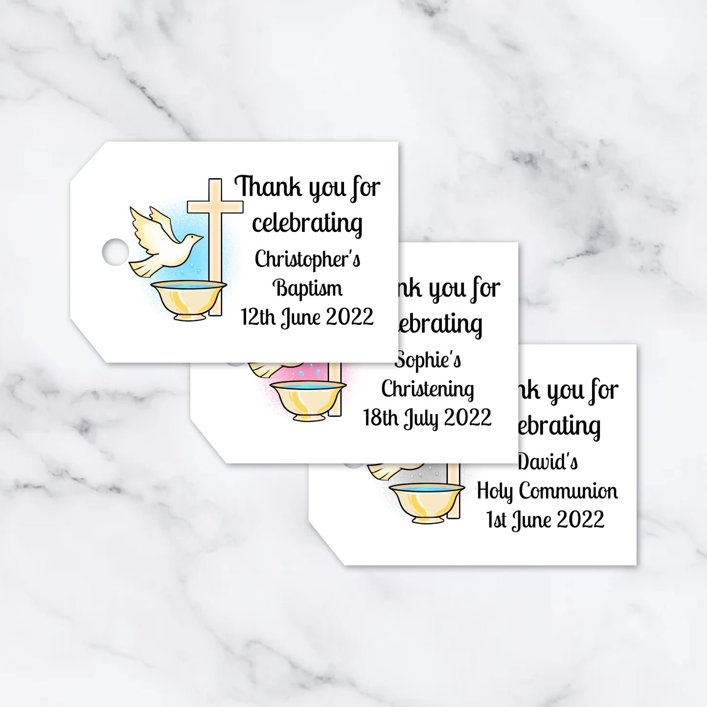 PERSONALISED DOVE CHRISTENING TAGS PK15 T029