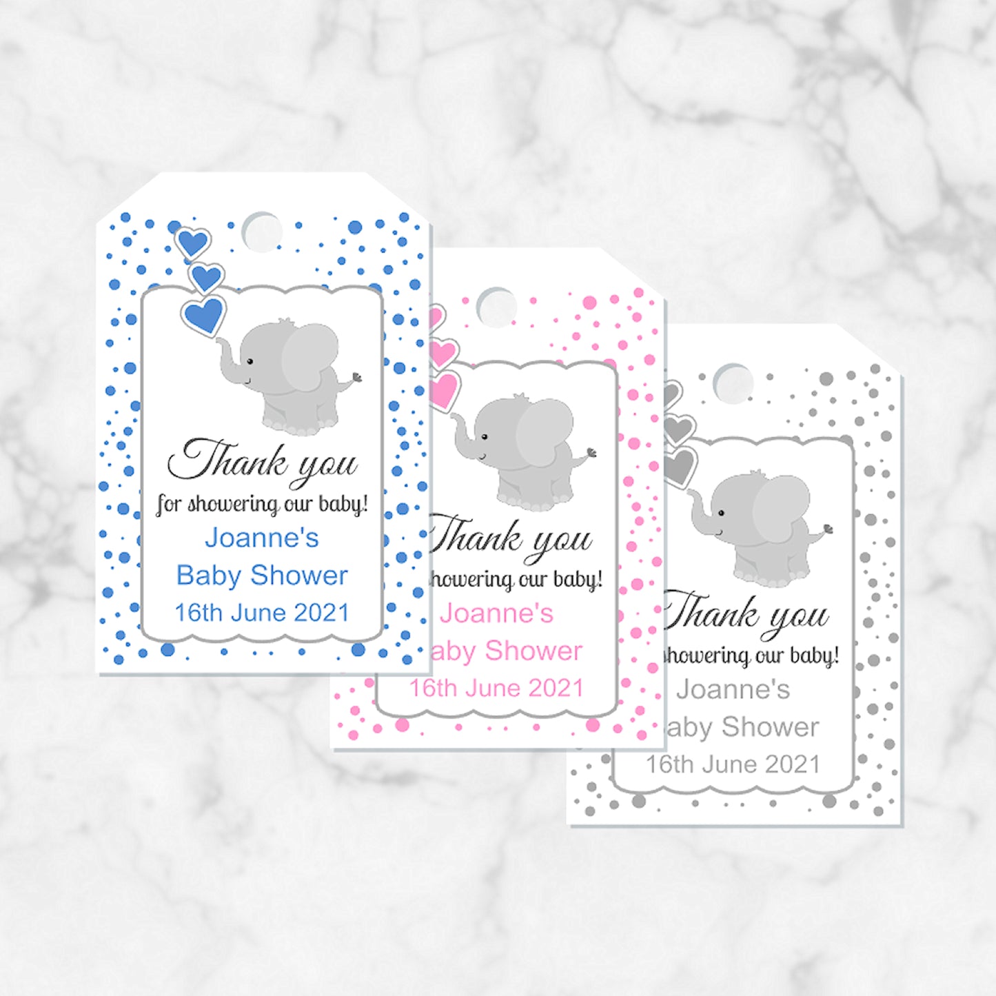 PERSONALISED PK15 ELEPHANT BABY SHOWER POLKADOT TAGS T010