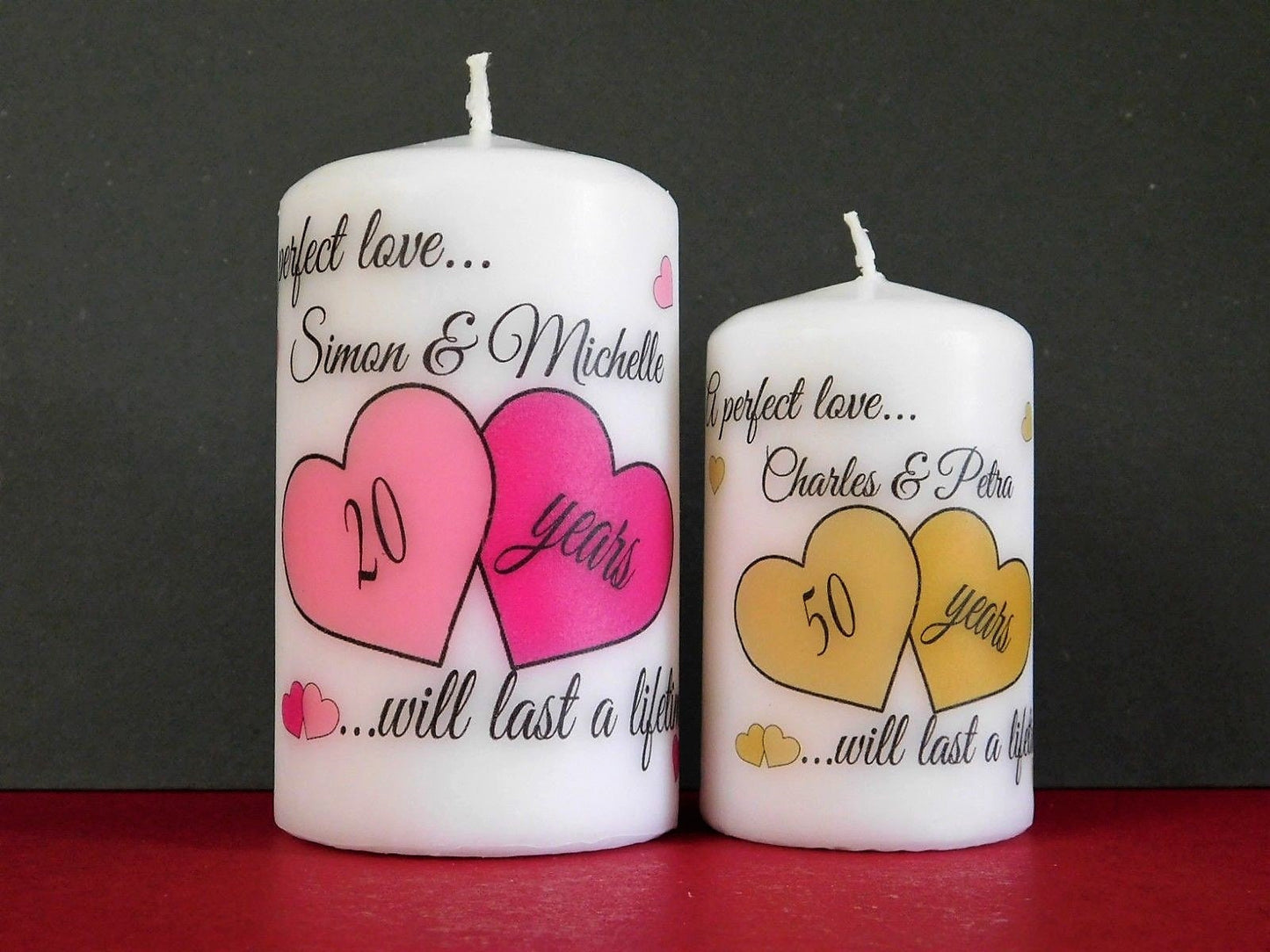 PERSONALISED ANNIVERSARY HEARTS PILLAR CANDLE P002