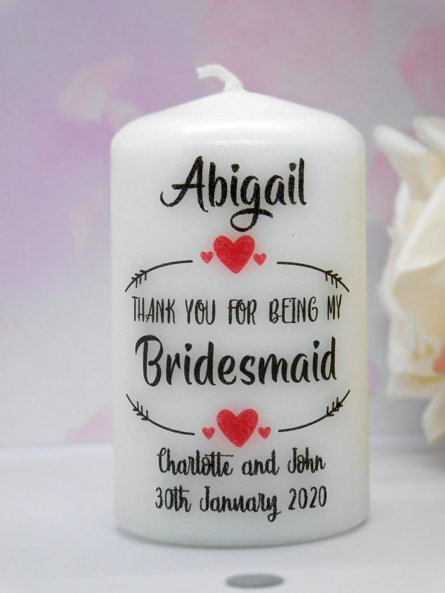 PERSONALISED THANK YOU BRIDESMAID OR WEDDING PARTY CANDLE