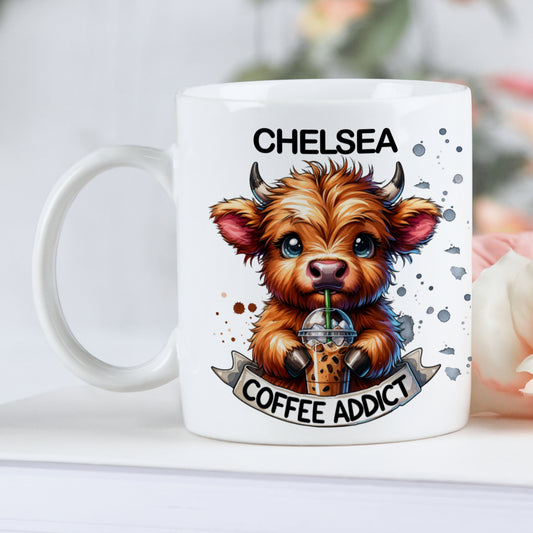 PERSONALISED "COFFEE ADDICT" HIGHLAND COW MUG - MG082