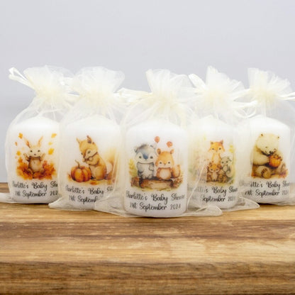 PERSONALISED 6CM RUSTIC WOODLAND ANIMALS CANDLE FAVOURS M006