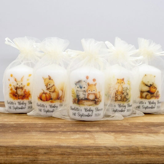 PERSONALISED 6CM RUSTIC WOODLAND ANIMALS CANDLE FAVOURS M006