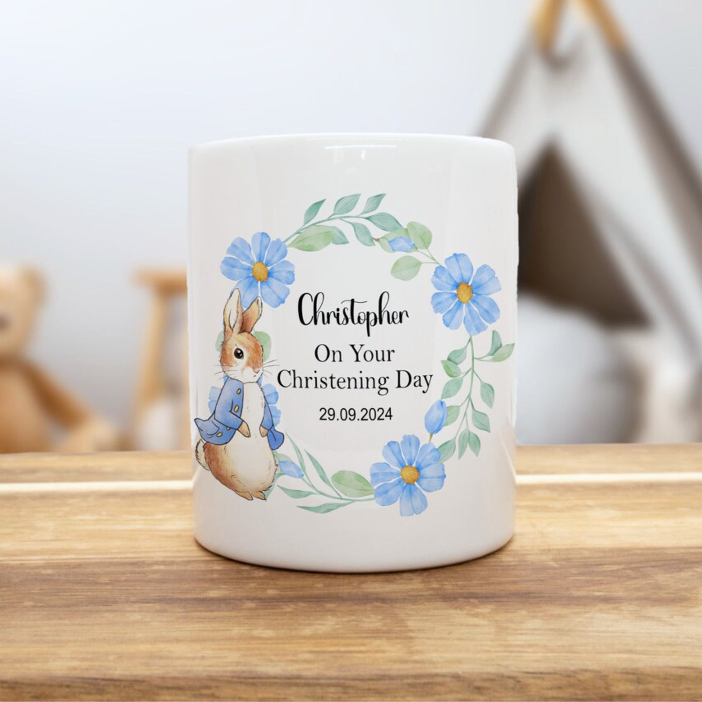 PERSONALISED BLUE RABBIT CHRISTENING MONEY BOX KEEPSAKE MB002