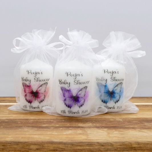 PERSONALISED PK10 BUTTERFLY BABY SHOWER 6CM FAVOUR CANDLES M009