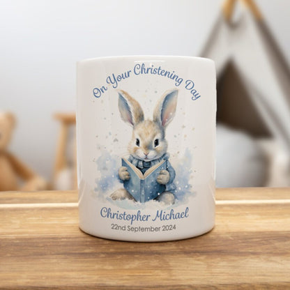 PERSONALISED BLUE RABBIT CHRISTENING CERAMIC MONEY BOX MB004