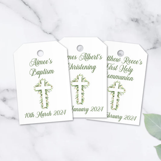 PERSONALISED PK12 FLORAL CROSS CHRISTENING TAGS T048