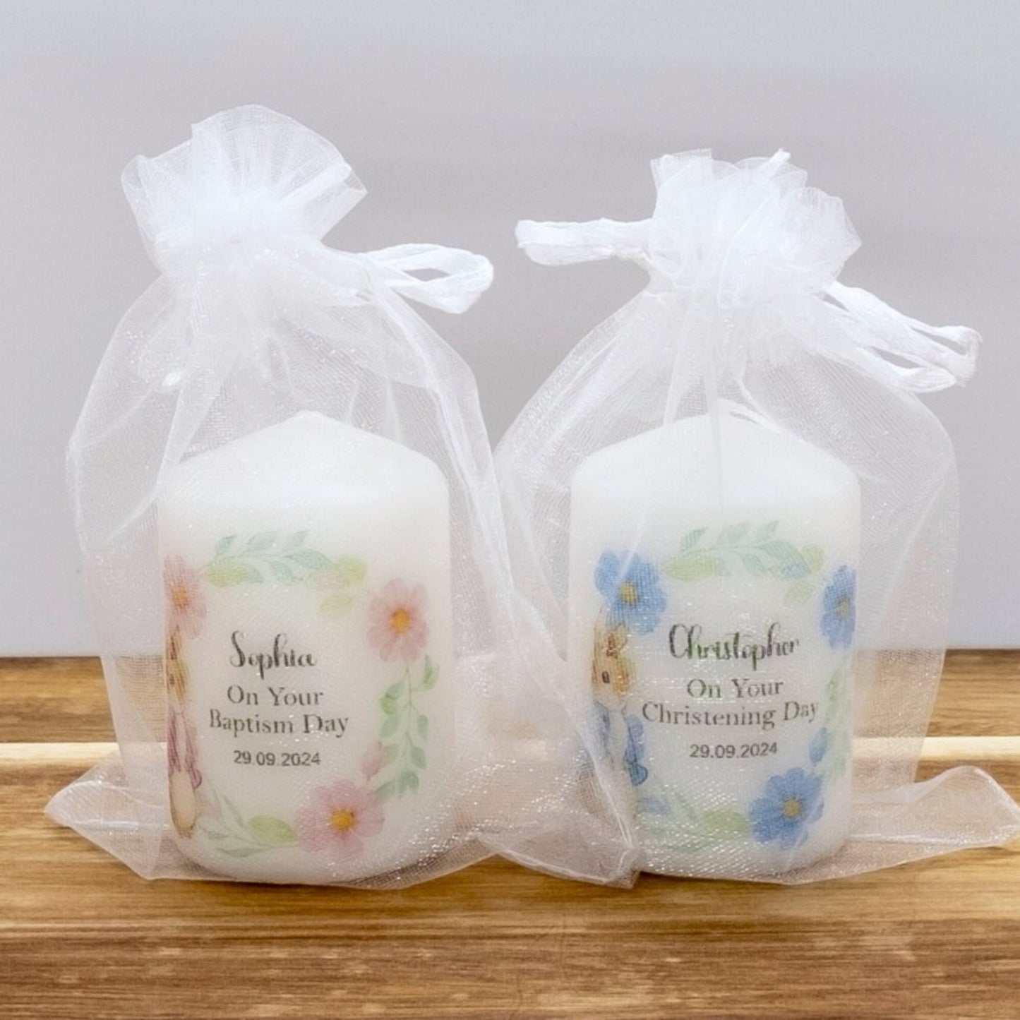 PERSONALISED 6CM RABBIT CHRISTENING FAVOUR CANDLES PK10 M011