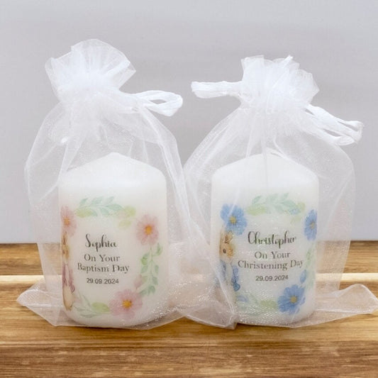 PERSONALISED 6CM RABBIT CHRISTENING FAVOUR CANDLES PK10 M011