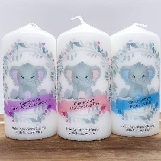 PERSONALISED 12CM ELEPHANT CHRISTENING CANDLE P009