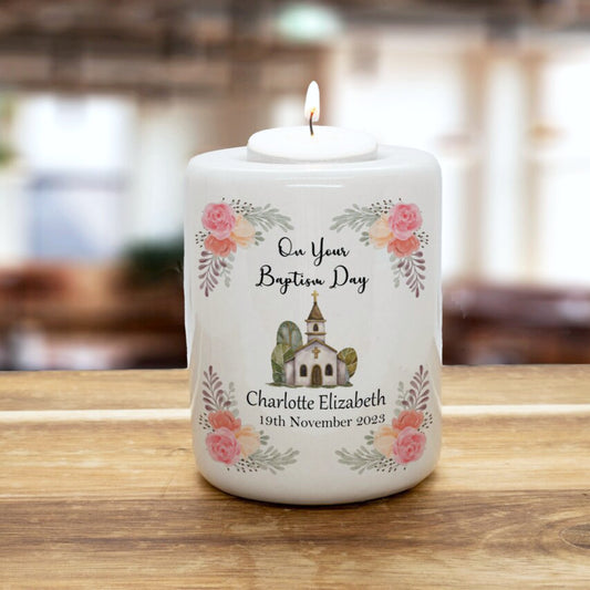 PERSONALISED CHURCH DESIGN CHRISTENING TEALIGHT HOLDER CH025