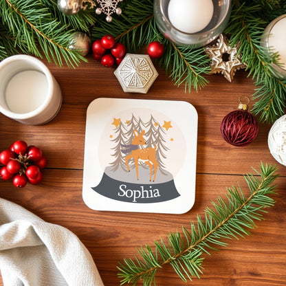 PERSONALISED CHRISTMAS SNOW GLOBE DEER COASTER MG004