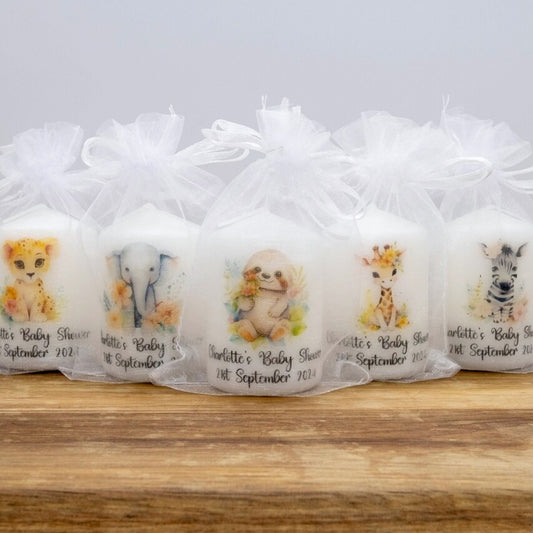 PERSONALISED CUTE NEUTRAL ANIMALS BABY SHOWER 6CM CANDLES - PK 10 M001