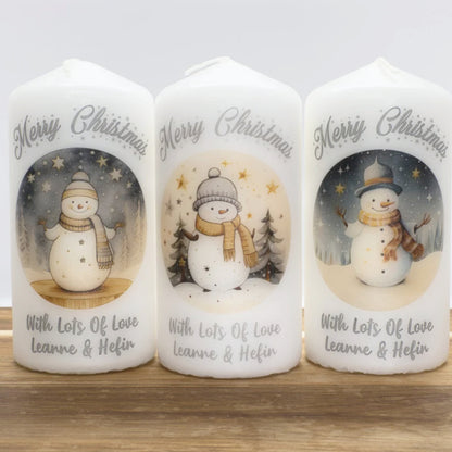 PERSONALISED SILVER TRADITIONAL SNOWMAN CHRISTMAS CANDLE P030