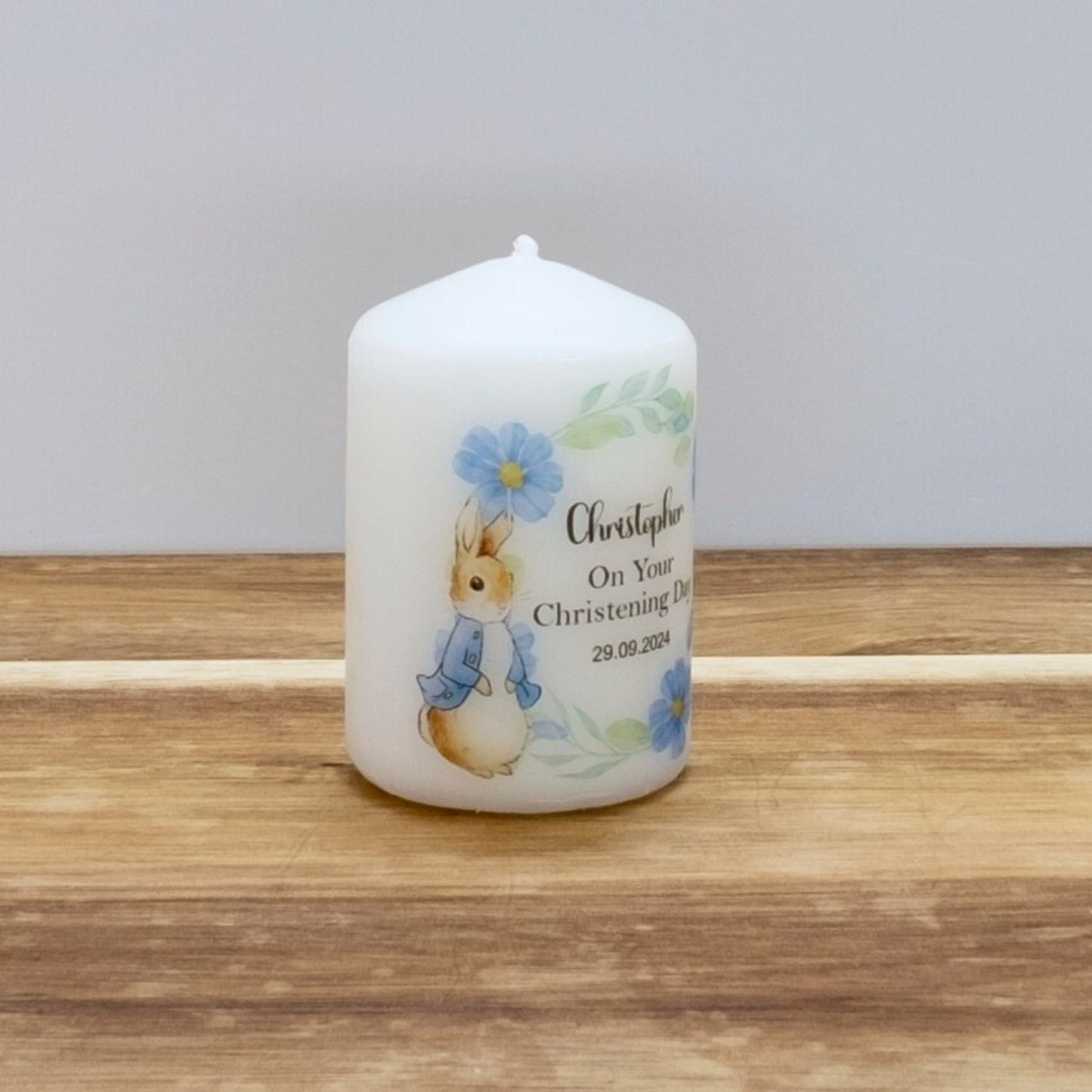 PERSONALISED 6CM RABBIT CHRISTENING FAVOUR CANDLES PK10 M011