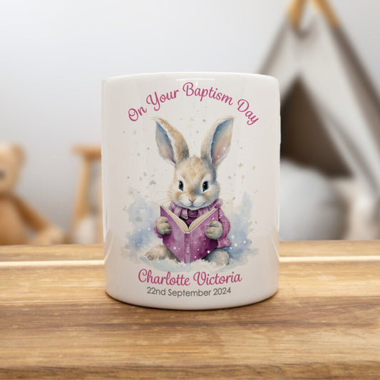 PERSONALISED LILAC RABBIT CHRISTENING CERAMIC MONEY BOX MB004