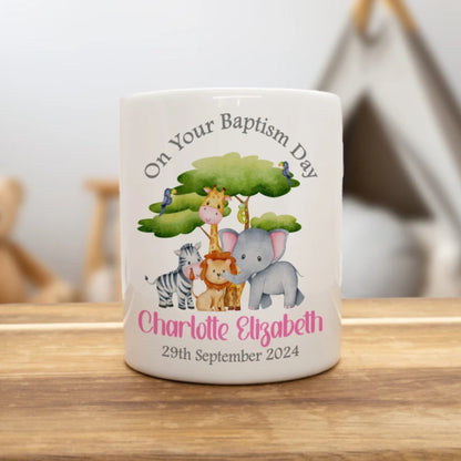 PERSONALISED JUNGLE ANIMALS CHRISTENING CERAMIC MONEY BOX KEEPSAKE, PINK MB005
