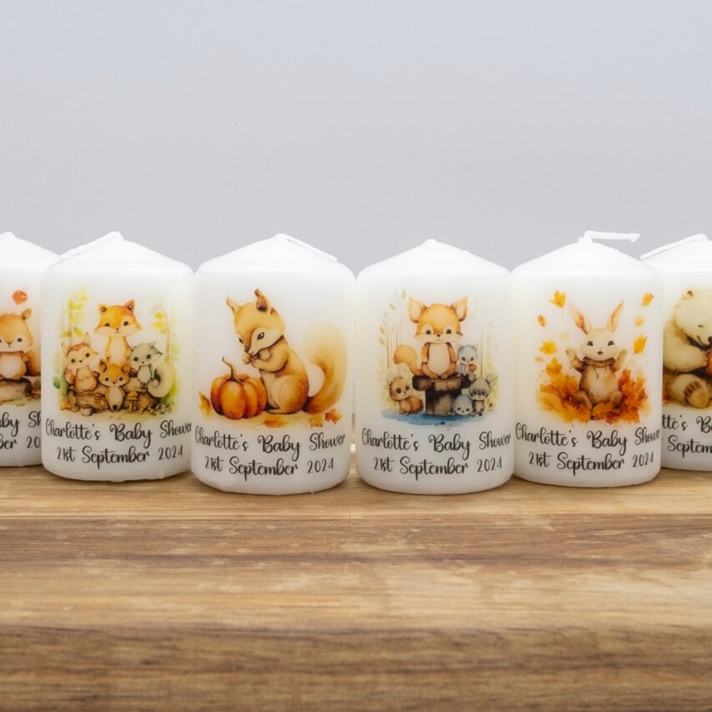 PERSONALISED 6CM RUSTIC WOODLAND ANIMALS CANDLE FAVOURS M006