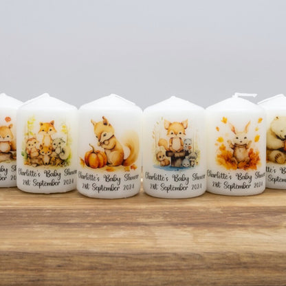 PERSONALISED 6CM RUSTIC WOODLAND ANIMALS CANDLE FAVOURS M006