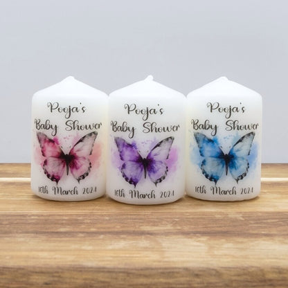 PERSONALISED PK10 BUTTERFLY BABY SHOWER 6CM FAVOUR CANDLES M009