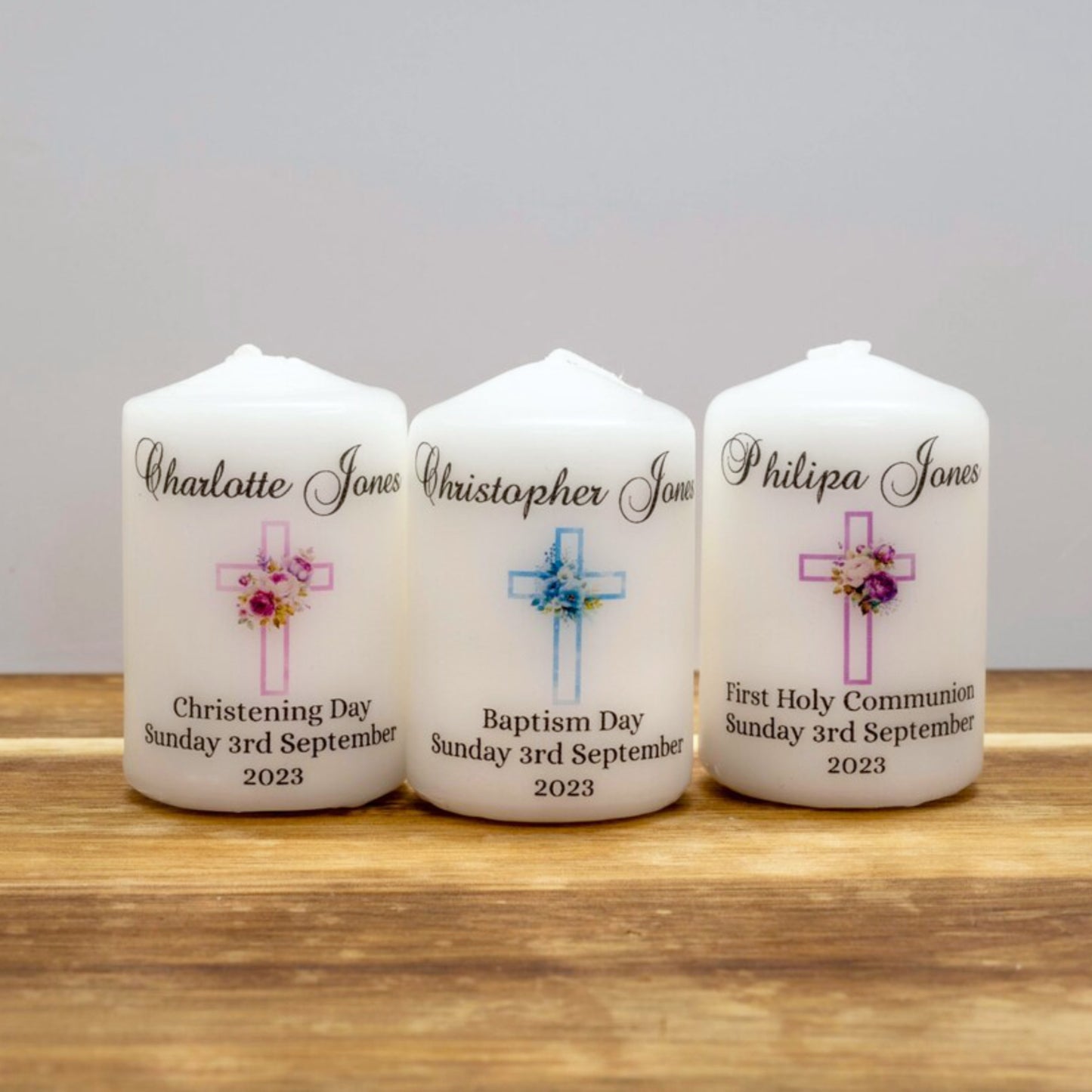 PERSONALISED 6CM FLORAL CROSS CHRISTENING CANDLE FAVOURS PK10 M013