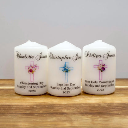 PERSONALISED 6CM FLORAL CROSS CHRISTENING CANDLE FAVOURS PK10 M013