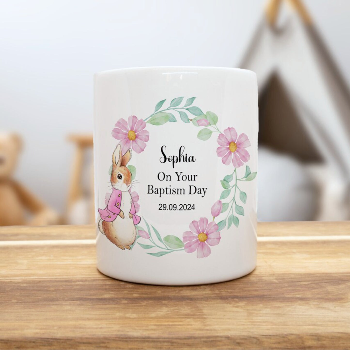 PERSONALISED PINK RABBIT CHRISTENING MONEY BOX KEEPSAKE MB002