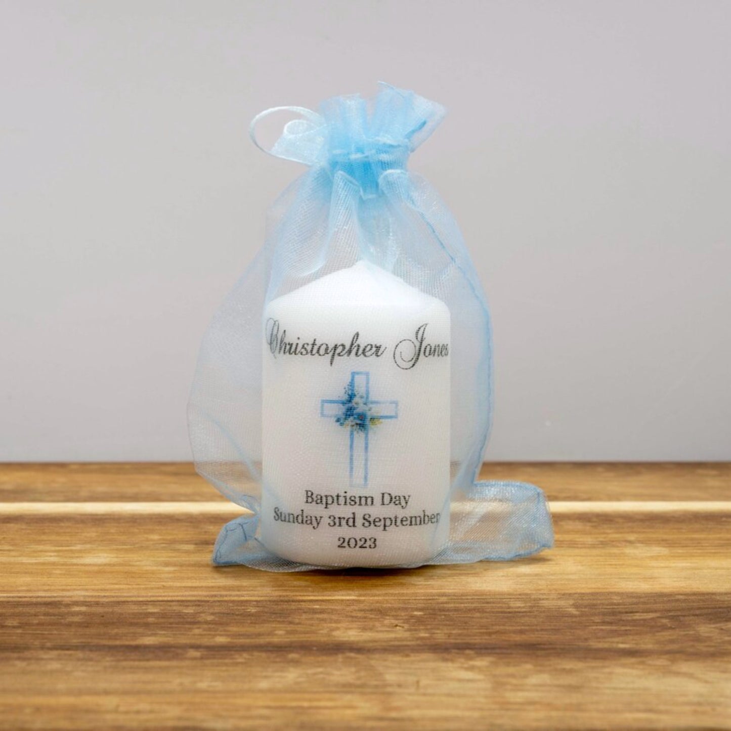 PERSONALISED 6CM FLORAL CROSS CHRISTENING CANDLE FAVOURS PK10 M013