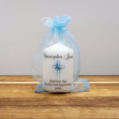 PERSONALISED 6CM FLORAL CROSS CHRISTENING CANDLE FAVOURS PK10 M013