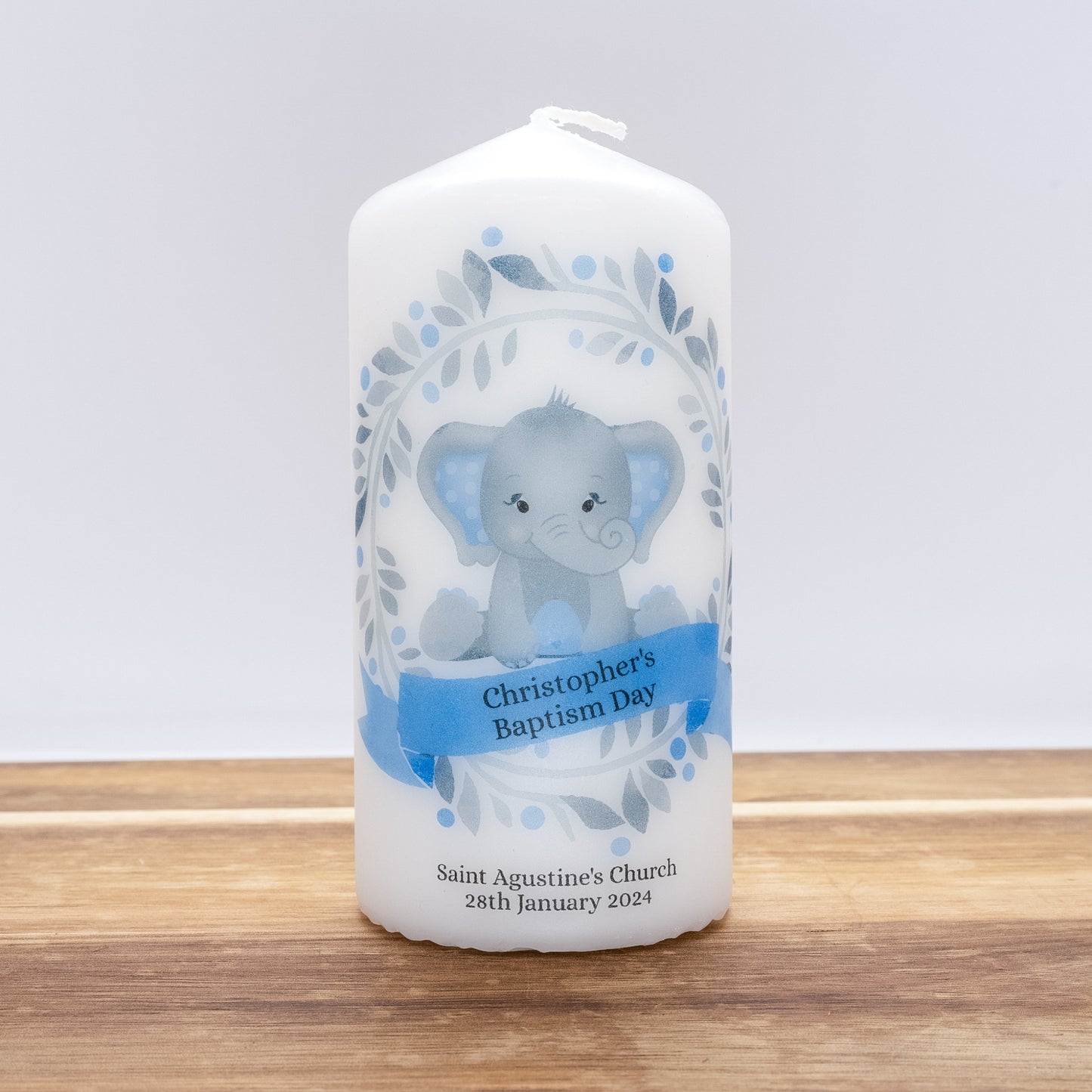 PERSONALISED 12CM ELEPHANT CHRISTENING CANDLE P009