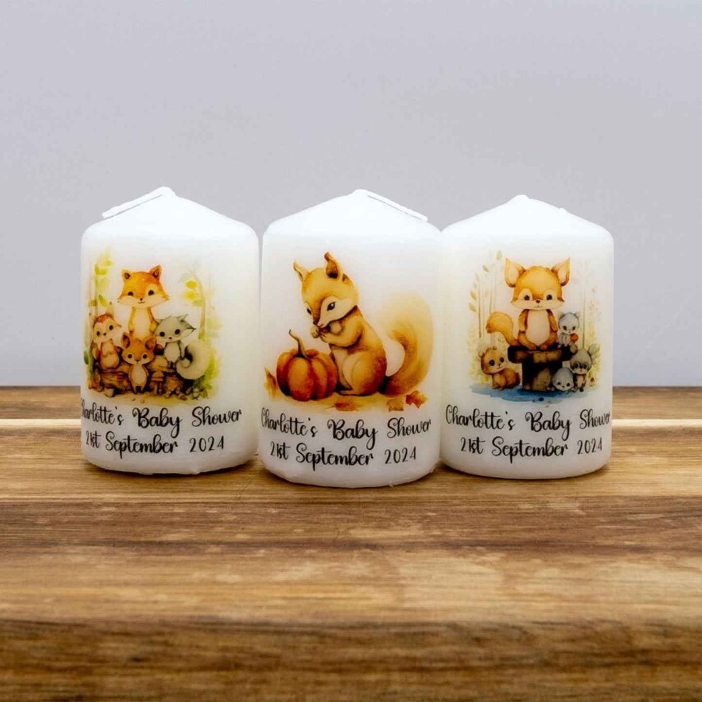 PERSONALISED 6CM RUSTIC WOODLAND ANIMALS CANDLE FAVOURS M006