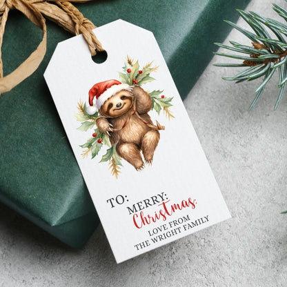 PERSONALISED PK10 CUTE SLOTH CHRISTMAS TAGS T035