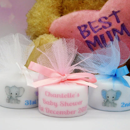 PERSONALISED PK10 ELEPHANT TEALIGHT BABY SHOWER FAVOURS TL005