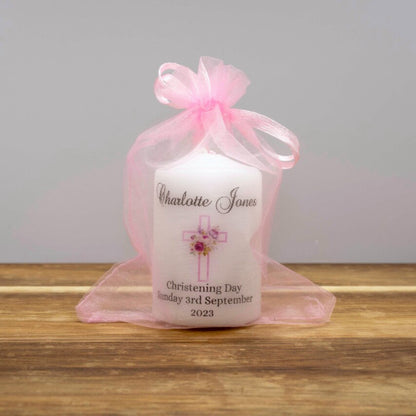 PERSONALISED 6CM FLORAL CROSS CHRISTENING CANDLE FAVOURS PK10 M013