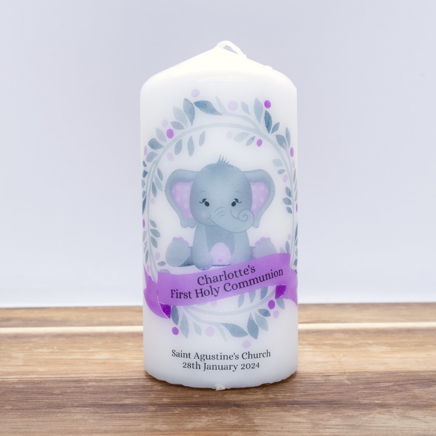 PERSONALISED 12CM ELEPHANT CHRISTENING CANDLE P009