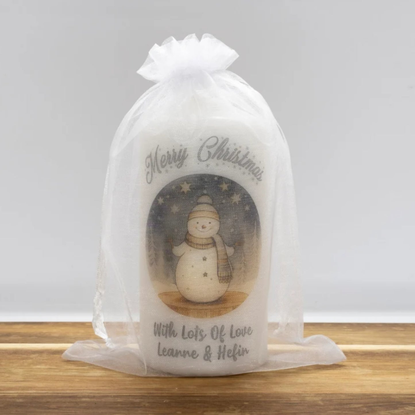 PERSONALISED SILVER TRADITIONAL SNOWMAN CHRISTMAS CANDLE P030