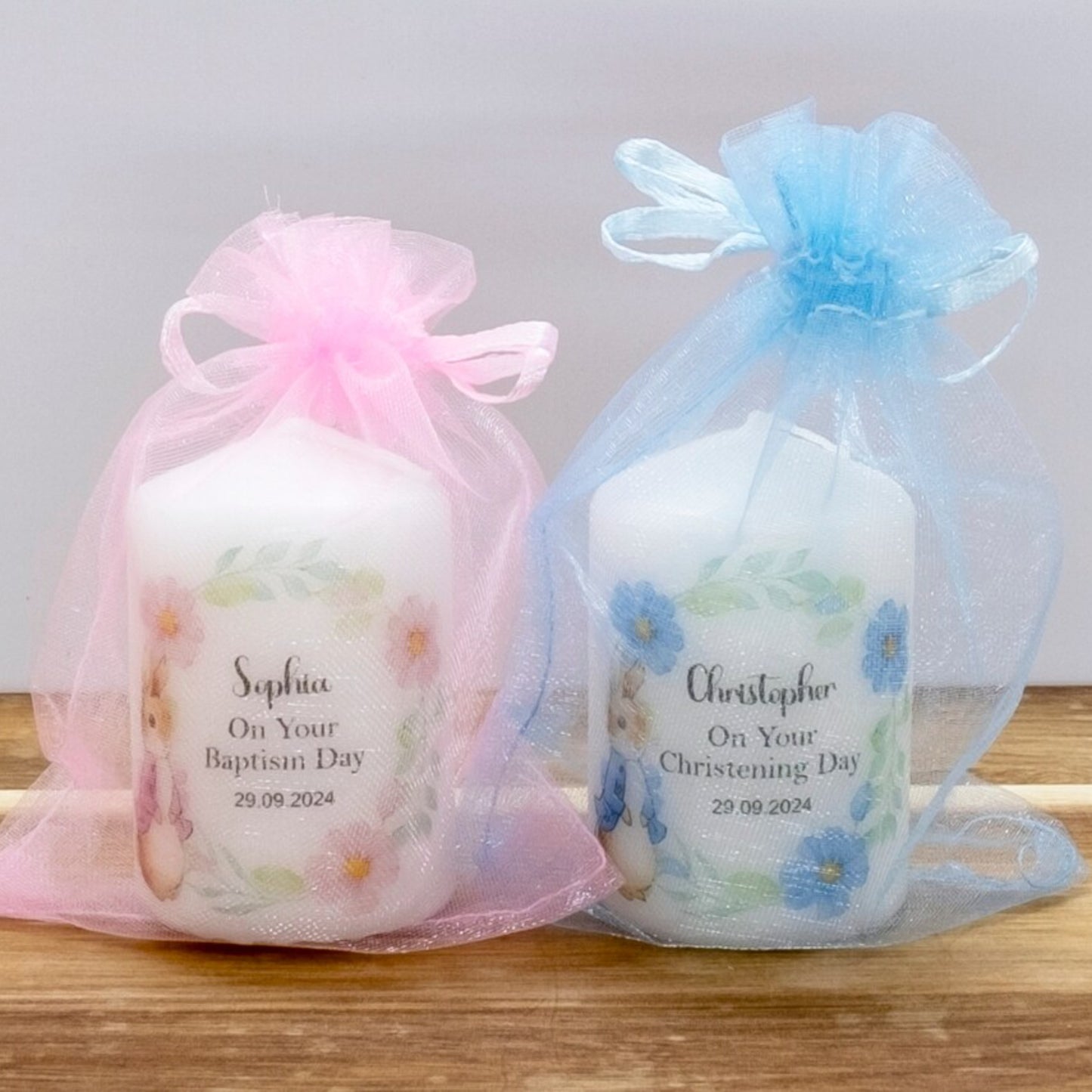 PERSONALISED 6CM RABBIT CHRISTENING FAVOUR CANDLES PK10 M011