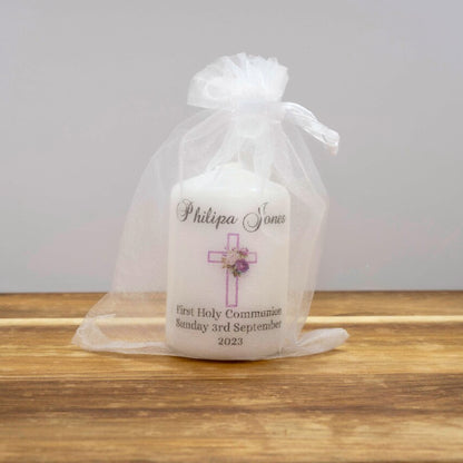 PERSONALISED 6CM FLORAL CROSS CHRISTENING CANDLE FAVOURS PK10 M013