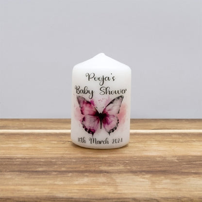 PERSONALISED PK10 BUTTERFLY BABY SHOWER 6CM FAVOUR CANDLES M009