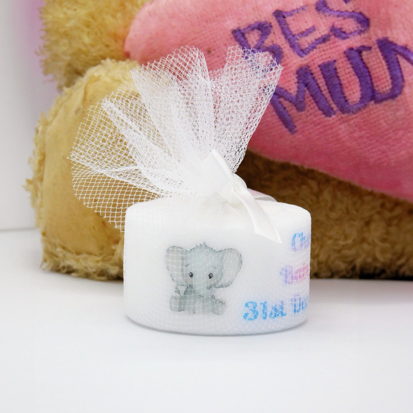 PERSONALISED PK10 ELEPHANT TEALIGHT BABY SHOWER FAVOURS TL005