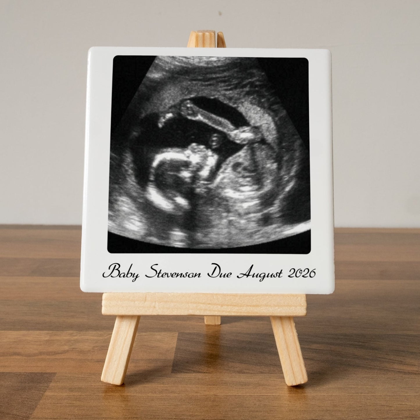BABY SCAN PHOTO CERAMIC TILE WITH WOODEN EASEL