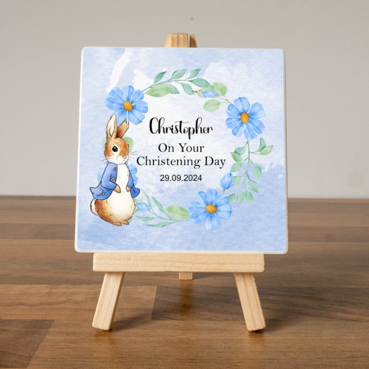 CUSTOM FLOPSY BUNNY CHRISTENING PLAQUE  WITH EASEL