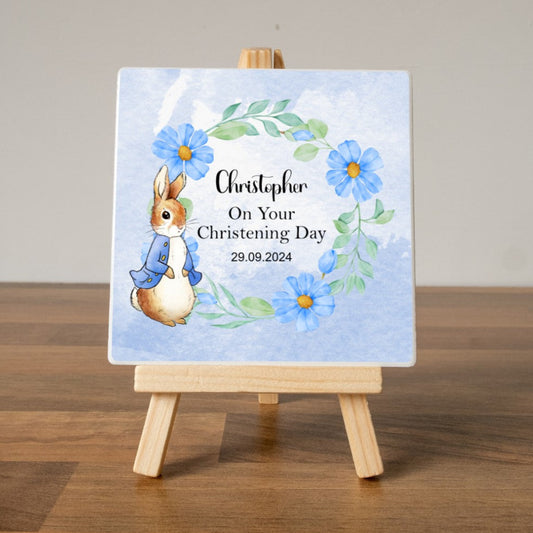 CUSTOM PETER RABBIT CHRISTENING PLAQUE  WITH EASEL