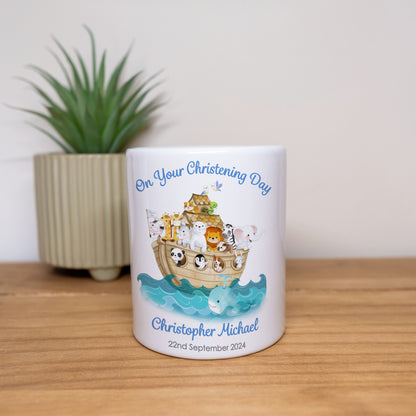 PERSONALISED BLUE NOAH'S ARC CHRISTENING CERAMIC MONEY BOX MB003